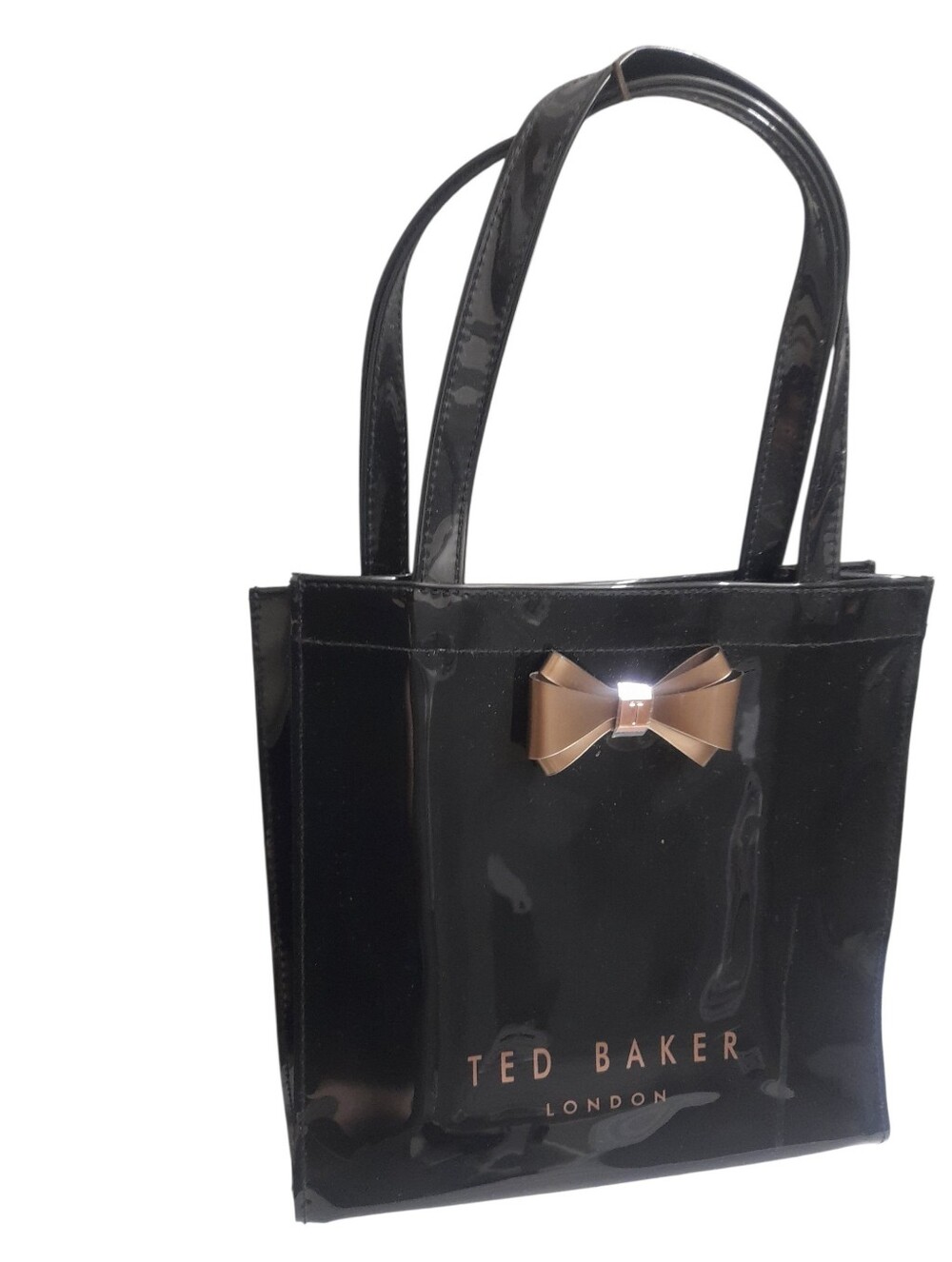 Ted Baker Black Patent Tote with Metallic Bow Accent